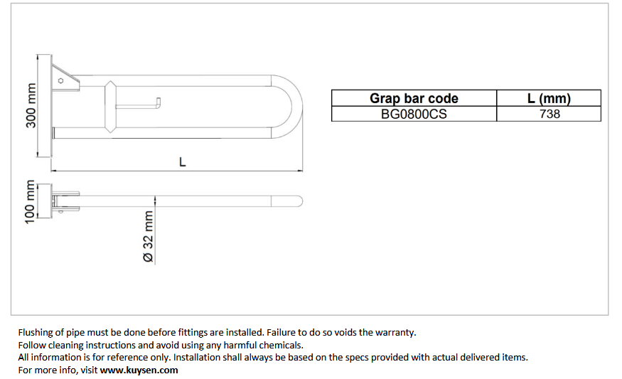Mediclinics swing up bar 738mm satin BG0800CS