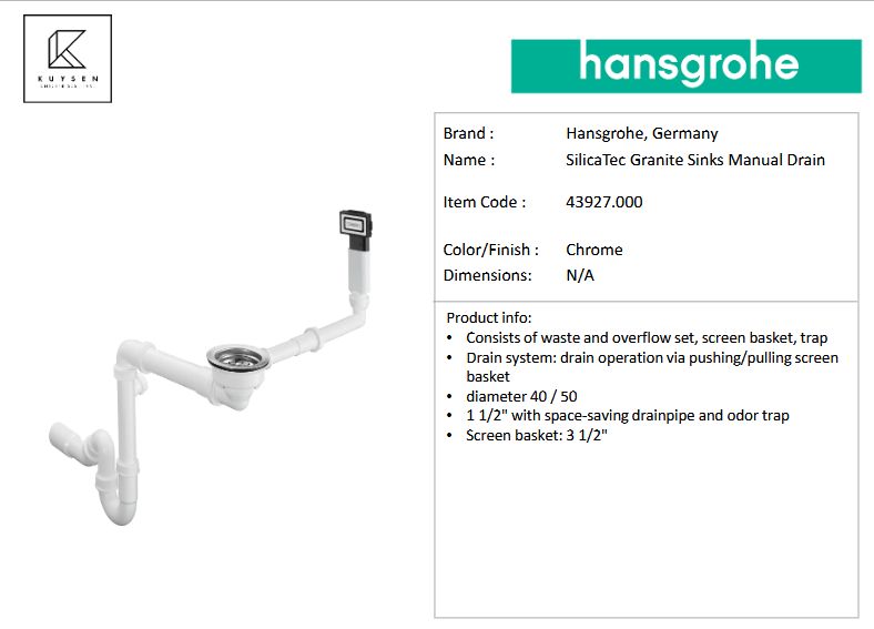 Hansgrohe SilicaTec manual drain -sinks 450&660 43927.000