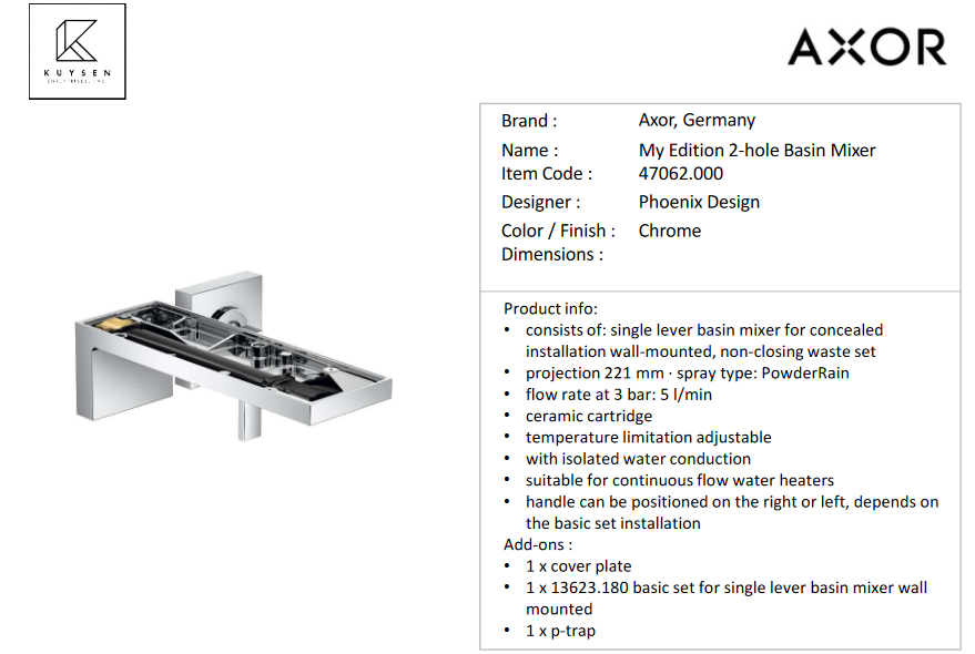 Axor My Edition 2-hole Wall Basin Mixer, Chrome 47062.000