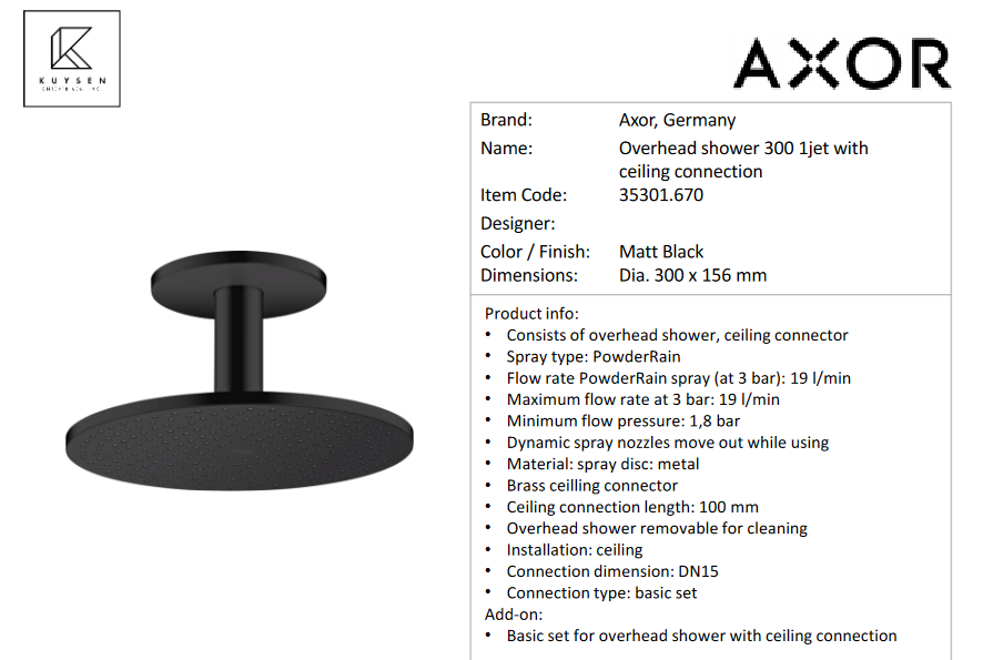 Axor overhead shower 1jet 300 matt blk 35301.670