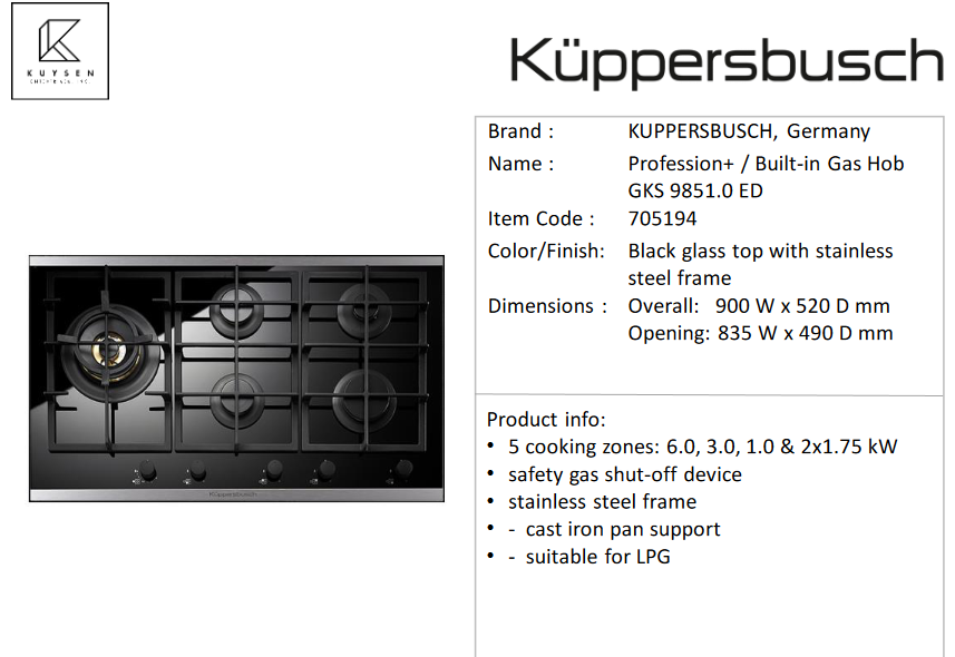 Kuppersbusch Profession+ / Built-in Gas Hob GKS 9851.0 ED 1225.60000