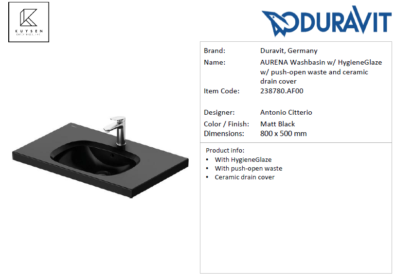 Duravit AURENA Washbasin Matt Black 238780.AF00