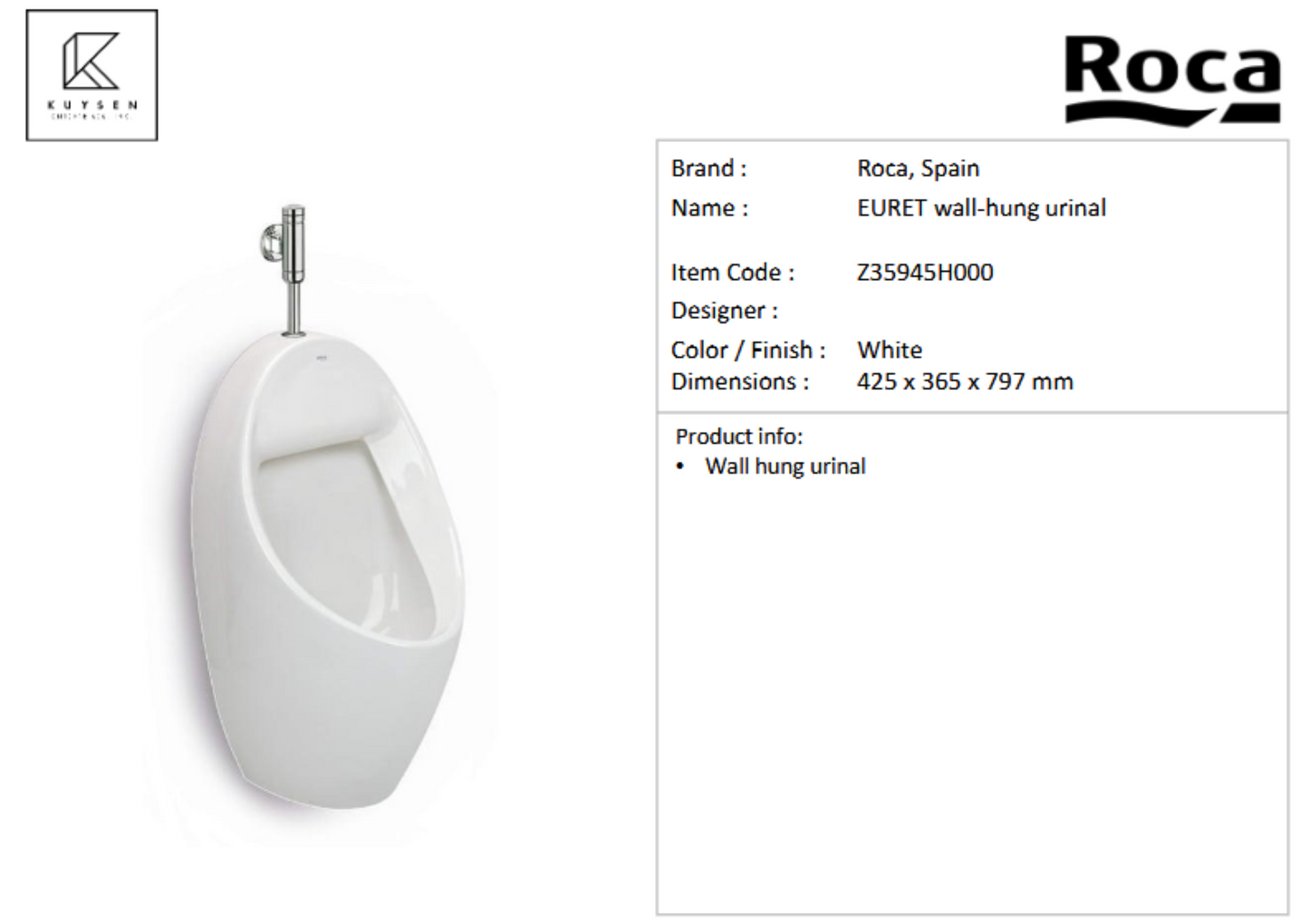 Roca EURET wall-hung urinal Z35945H000