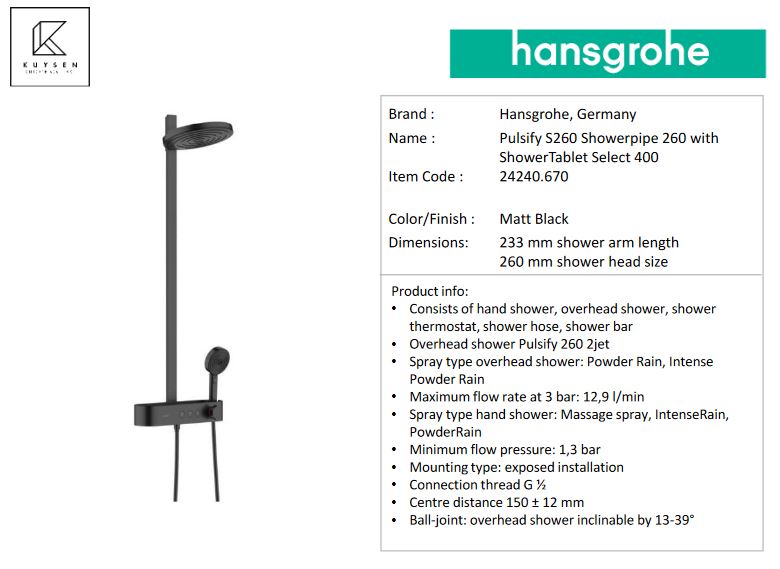 Sistema de ducha Hansgrohe Pulsify 260, 2 tipos de chorro con ShowerTablet  Select 400, 24240