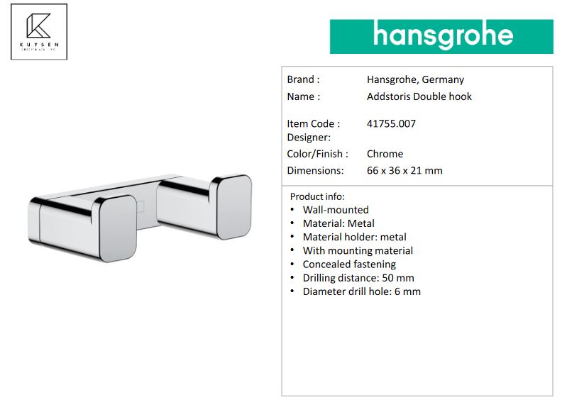 Hansgrohe Addstoris Double hook, Chrome 41755.007