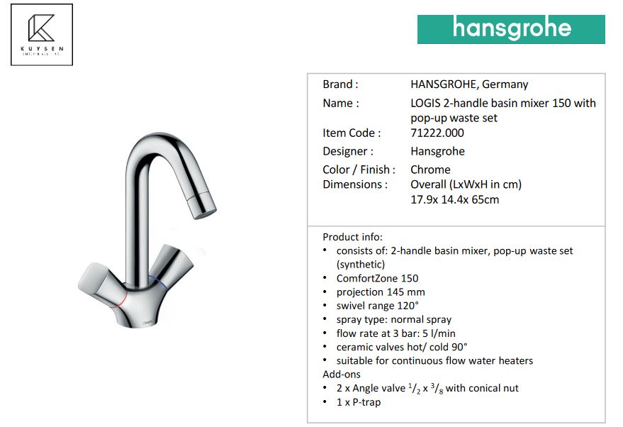 Hansgrohe Logis 2-handle basin mixer 150 with pop-up waste set 71222.000