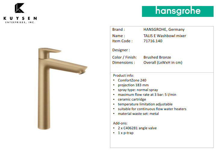 Hansgrohe Talis E basin mixr 240+pullrod br.bronze 71716.140
