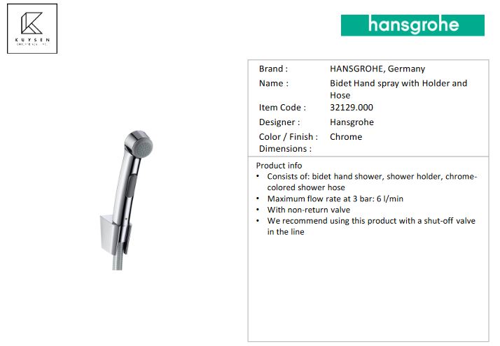 Hansgrohe Bidet handspray set with 1.25m hose 32129.000