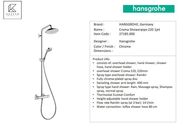 Hansgrohe Croma 220 1jet with thermostat shower pipe 27185.000