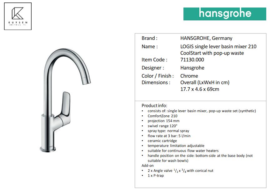 Hansgrohe basin mixer 120 swivel spout with pull rod waste set 71130.000