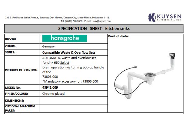 Hansgrohe Automatic waste and overflow set for sink 660 SELECT 43941.009