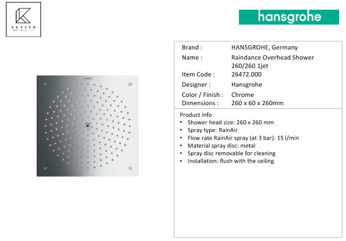 Hansgrohe Raindance 260/260 1jet overhead shower 26472.000