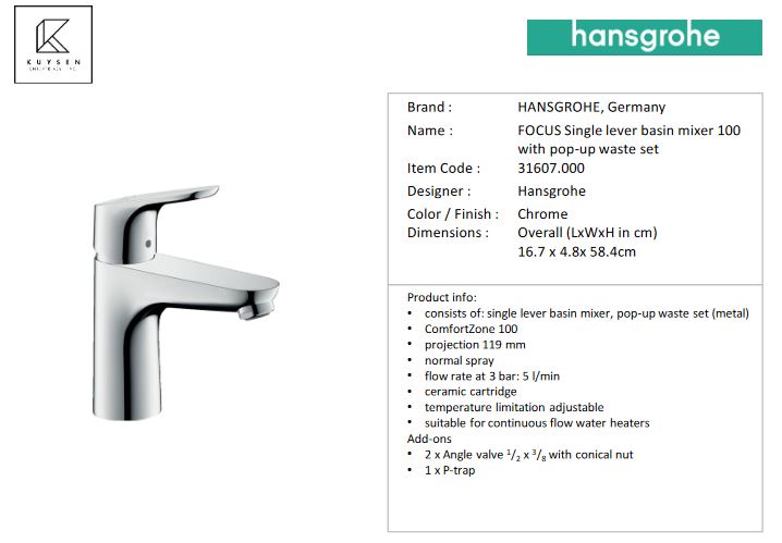 Hansgrohe Focus basin mixer 100mm with pop up 31607.000