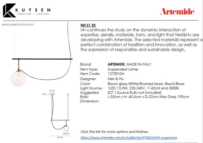 Artemide NH S1 22 Suspension Lamp 1273010A