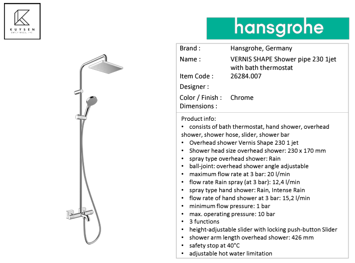 Hansgrohe VERNIS SHAPE Shower pipe 230 1jet with bath thermostat 26284.007