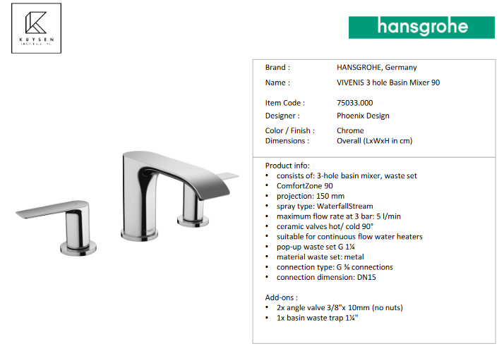 Hansgrohe Vivenis 3Hole basin mixer 90 with pop up waste set 75033.000