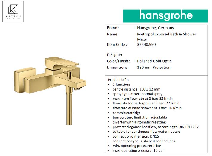 Hansgrohe Metopol exposed bath/shower mixer 32540.990