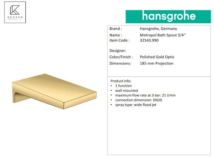 Hansgrohe Metropol bath spout 3/4" pol.gold optic 32543.990