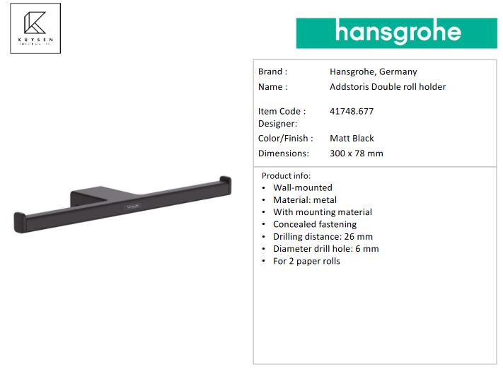 Hansgrohe AddStoris Double roll holder, Matt Black 41748.677