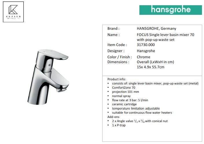 Hansgrohe Focus Basin mixer 70 with pull rod waste set 31730.000
