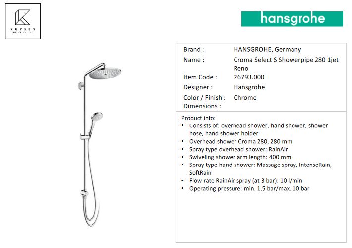 Hansgrohe Croma Select S280 1jet Reno connect type shower pipe 26793.000