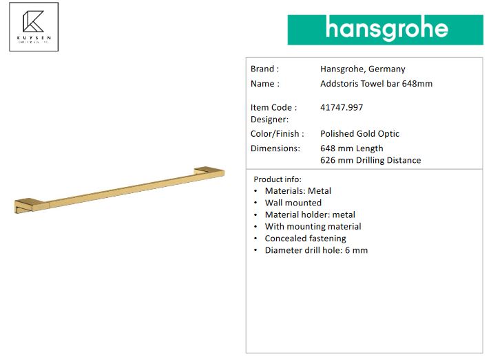 Hansgrohe AddStoris Towel bar 648mm, Polished Gold Optic 41747.997