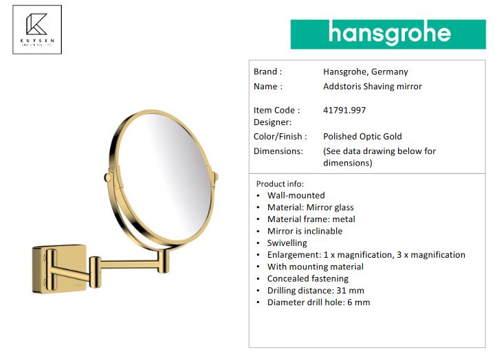 Hansgrohe AddStoris Shaving mirror, Polished Gold Optic 41791.997