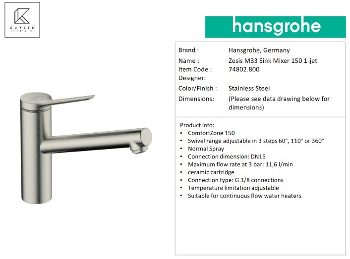 Hansgrohe Zesis M33 sink mixer 150 1jet stl opt Stainless Steel 74802.800