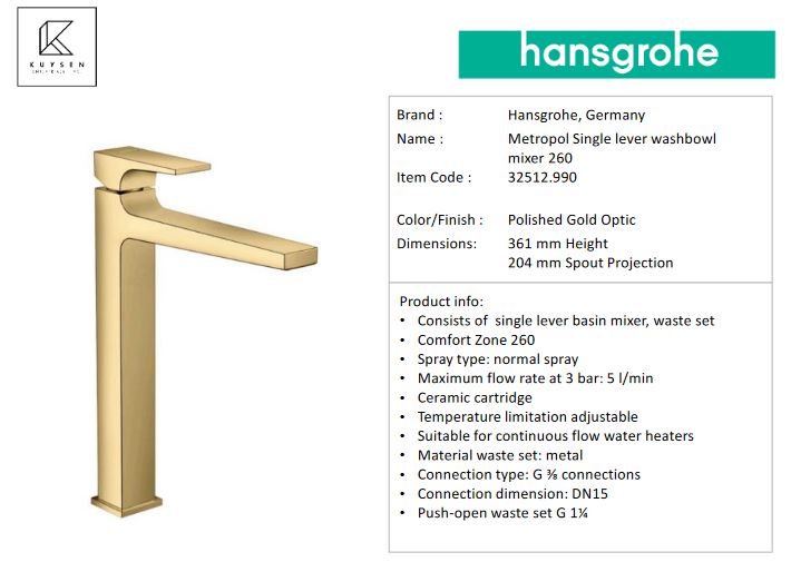 Hansgrohe Metropol washbowl mixer 260 with push-open waste set 32512.990