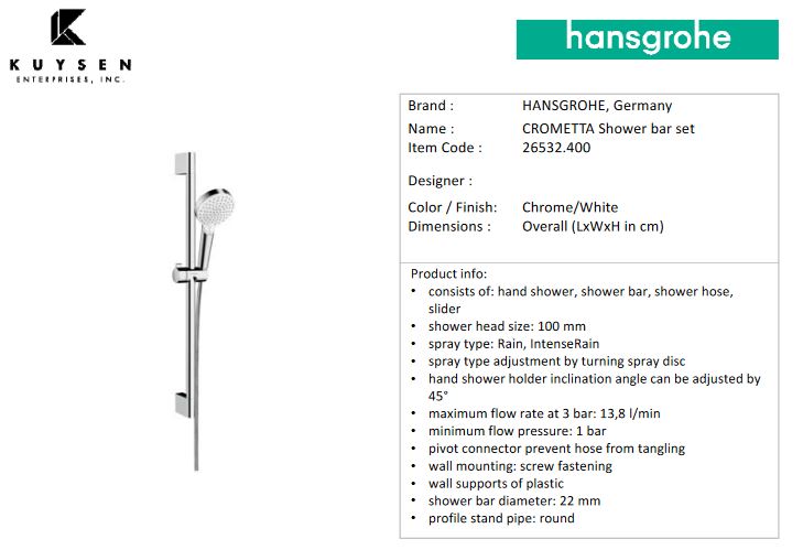 HANSGROHE Crometta Vario shower 0.65m white chrome 26532.400