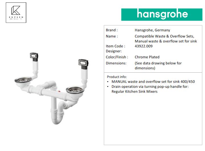 Hansgrohe Manual waste and overflow set for sink 370/370 43922.009