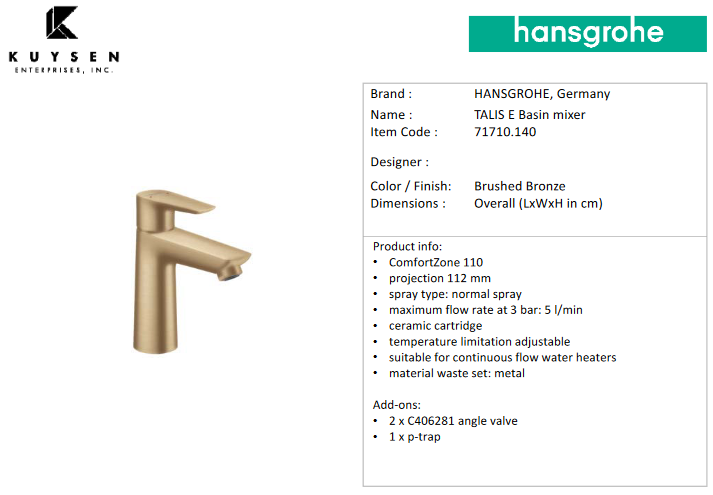 Hansgrohe Talis E basin mixer 110 matt br. bronze 71710.140