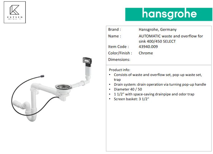 Hansgrohe Automatic waste and overflow set for sink 400/450 SELECT 43940.009
