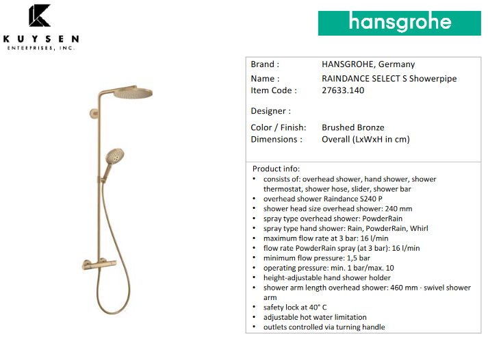 Hansgrohe RD Select S240 1jet PowderRain showrpipe 27633.140
