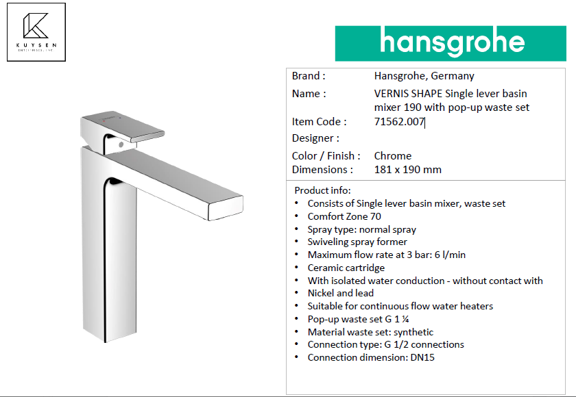 Hansgrohe VERNIS SHAPE Single lever basin mixer 190 with pop-up waste set 71562.007