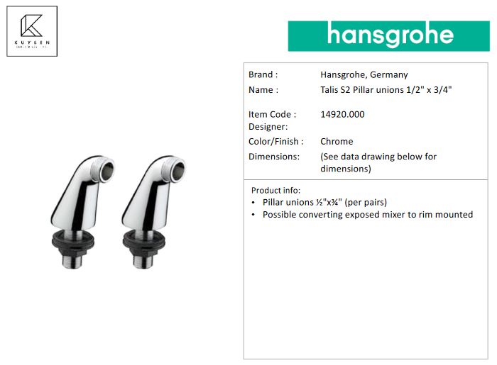 Hansgrohe Pillar unions for deck-mounting of Exposed bath/shower mixer 14920.000