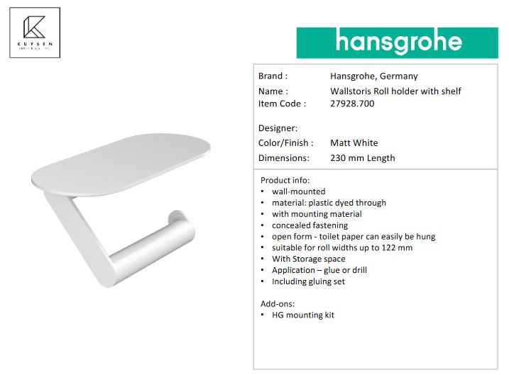 Hansgrohe Wallstoris roll holder w/shelf white 27928.700
