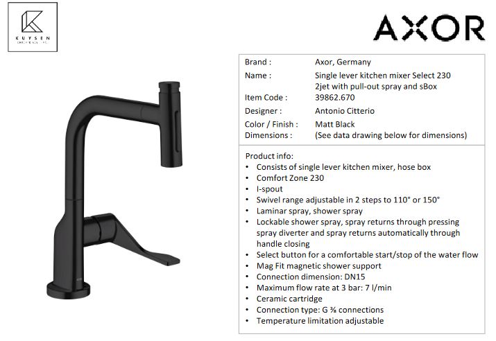 Axor Citterio sink mixer 230 Select 2jet blk 39862.670