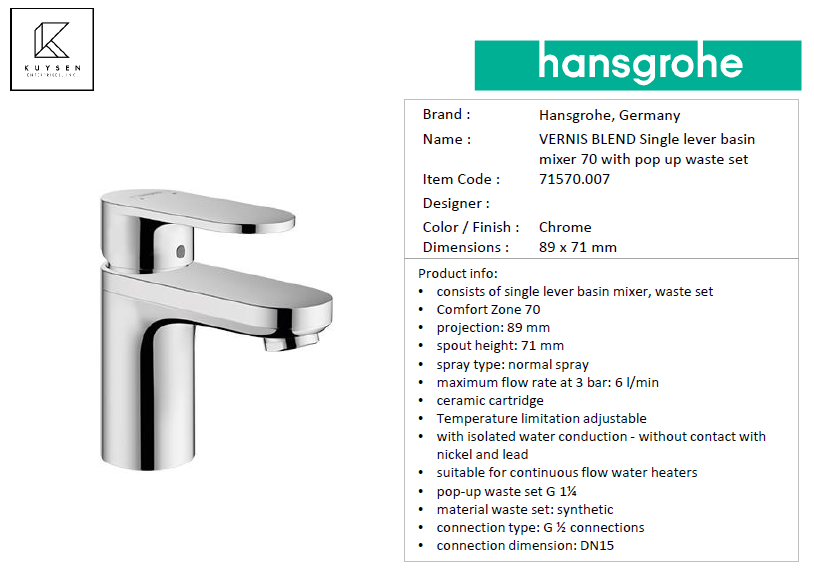 Hansgrohe VERNIS BLEND Single lever basin mixer 70 with pop up waste set 71570.007