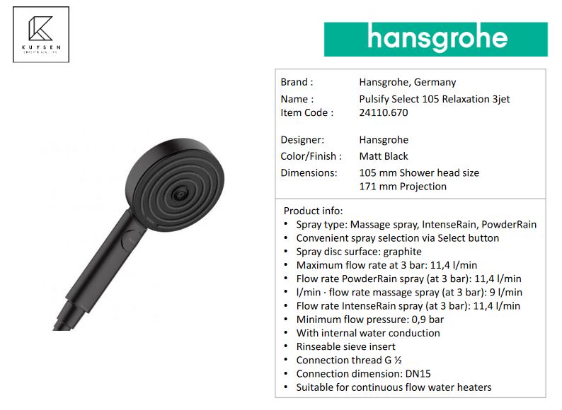 Hansgrohe Pulsify Select S Hand shower 105 3jet Relaxation 24110.670