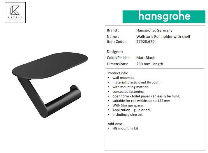 Hansgrohe Wallstoris roll holder w/shelf matt black 27928.670