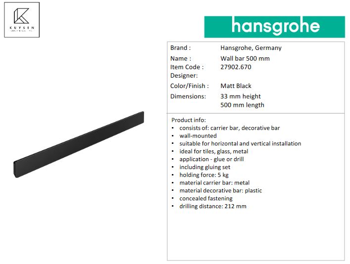 Hansgrohe Wallstoris wall bar 500mm matt black 27902.670