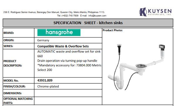Hansgrohe Automatic waste and overflow set for sink 660 43931.009