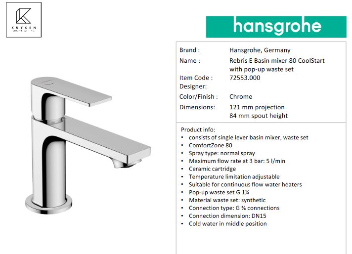 Hansgrohe Rebris E basin mixer 80 coolstart 72553.000