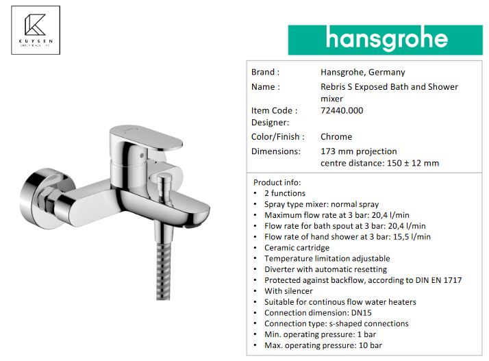 Hansgrohe Rebris S wall mounted bath mixer 72440.000