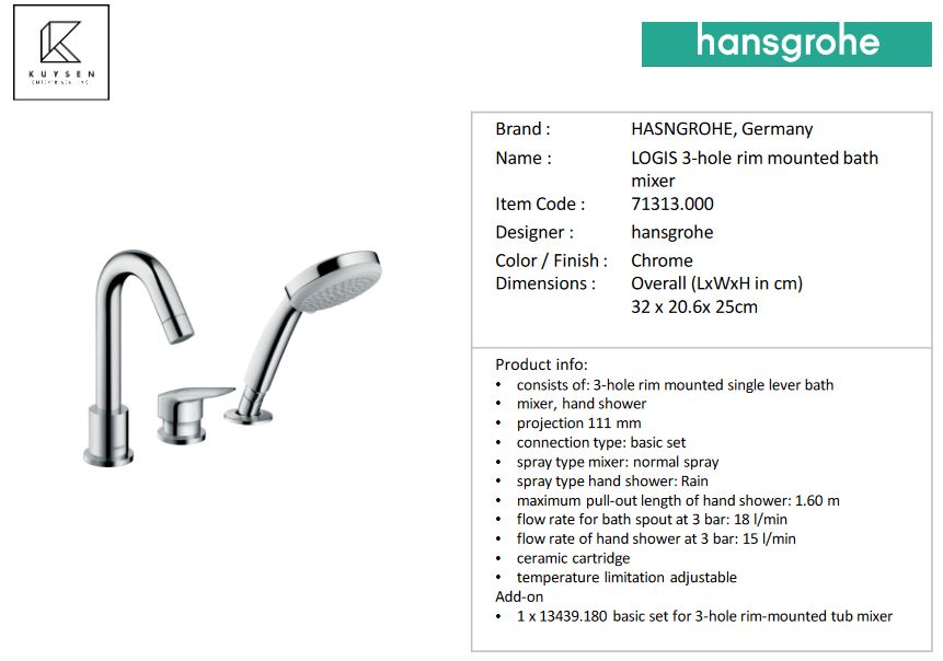 Hansgrohe Logis 3 Hole rim mounted tub mixer 71313.000