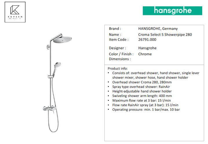 Hansgrohe Croma Select S280 1jet with single lever mixer shower pipe 26791.000