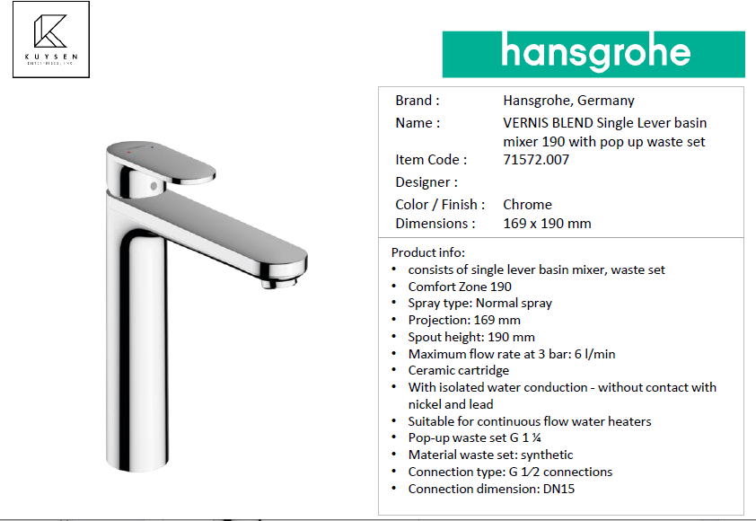 Hansgrohe Vernis Blend basin mixer 190 with pop up waste set 71572.007
