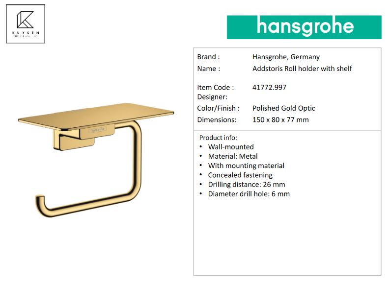 Hansgrohe AddStoris Roll holder with shelf, Polished Gold Optic 41772.997