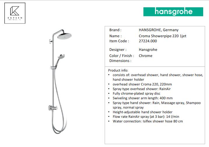 Hansgrohe Croma 220 1jet Reno connect type water shower pipe 27224.000